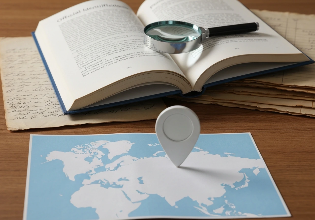 A bird field guide and old archive papers with a magnifying glass over a blank map marker