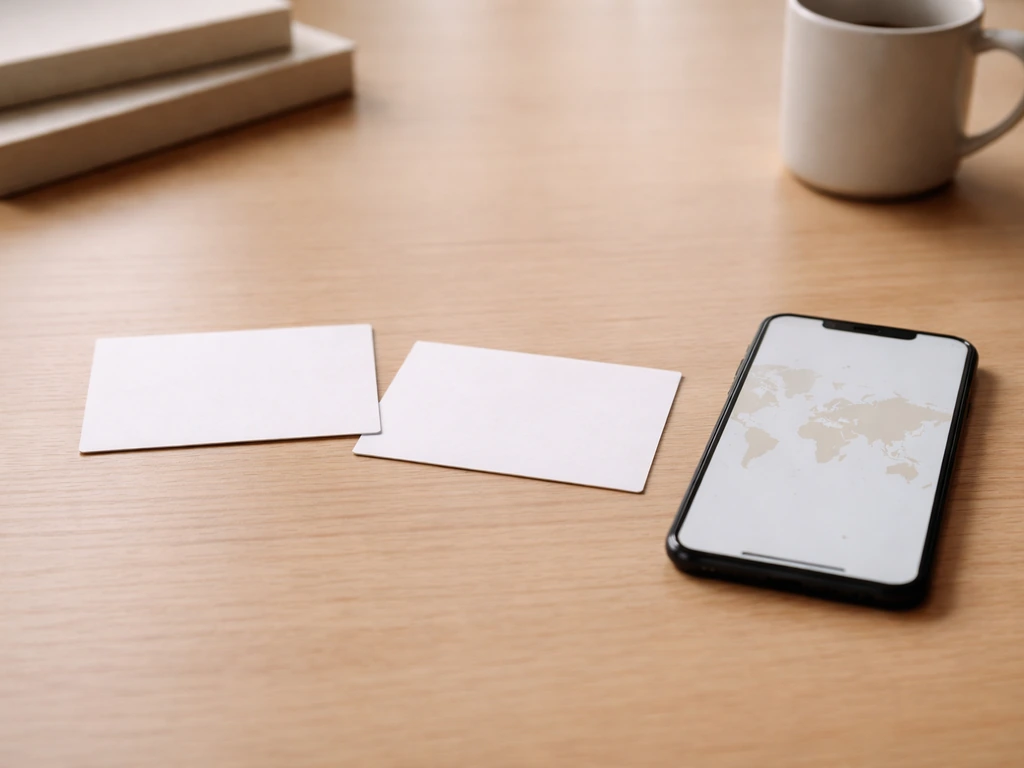 Wood desk with blank cards and a phone showing a map with one country highlighted.