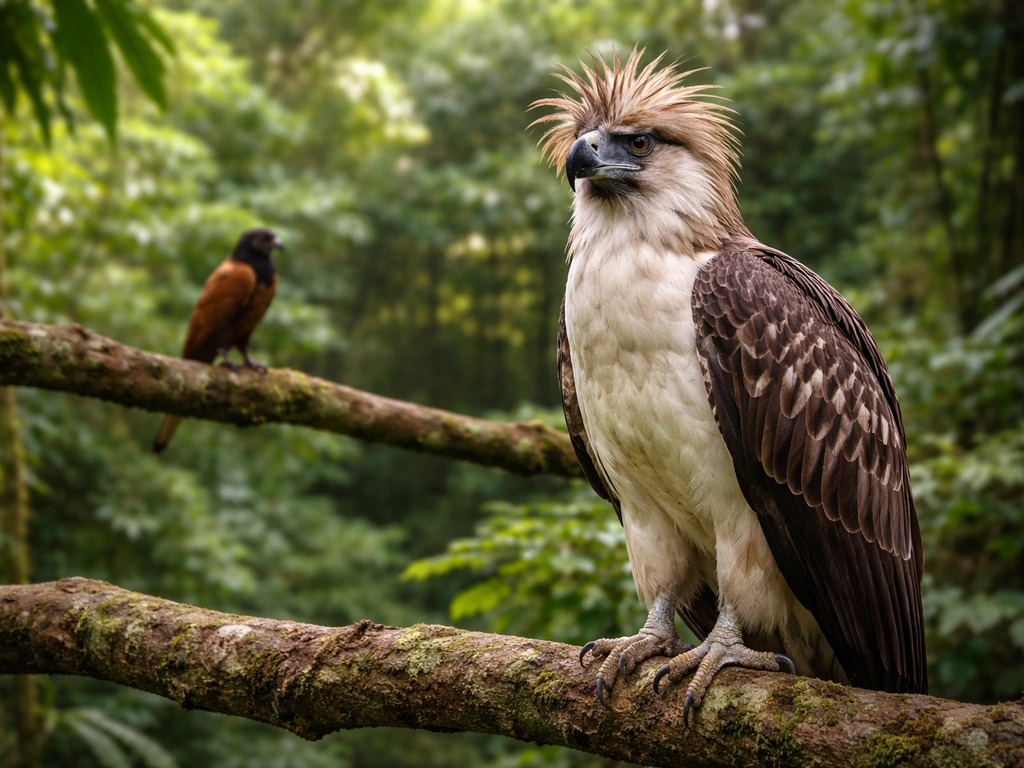 Philippine eagle perched on a branch, with a second native bird in the background to suggest designation change.