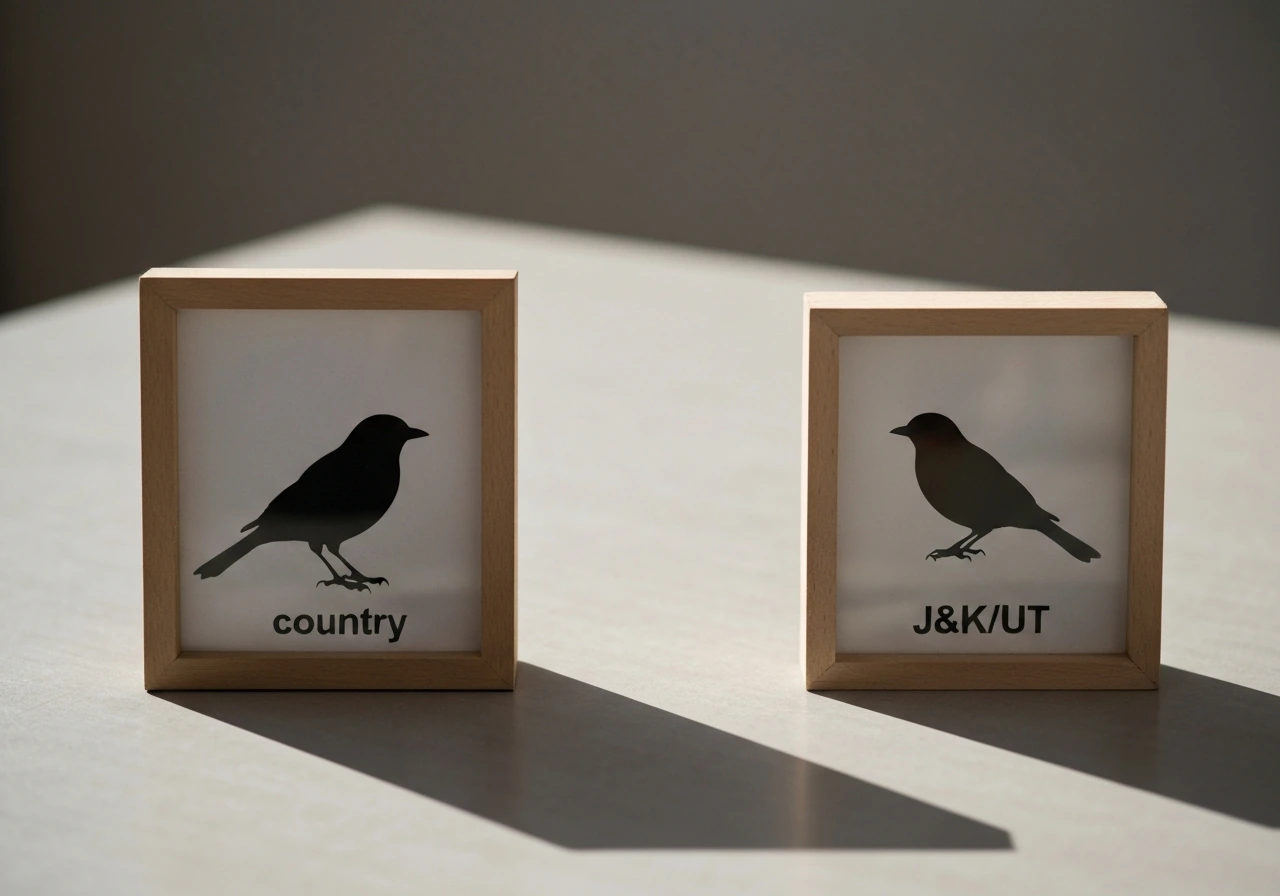 Two small framed generic bird silhouettes on a tabletop, suggesting country vs J&K regional bird designations.