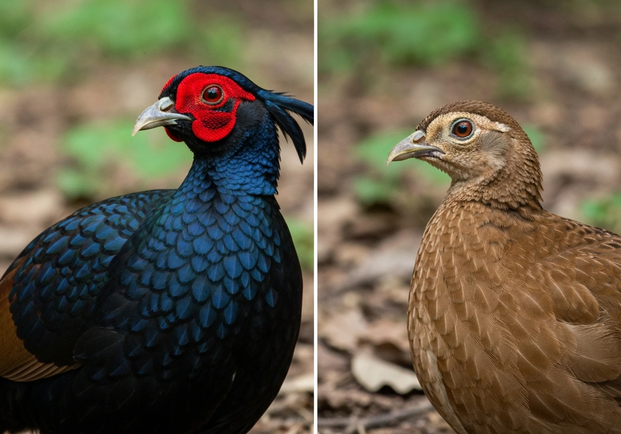 Side-by-side close-up of male and female Kalij pheasants showing blue-black with red patch vs brown plumage.