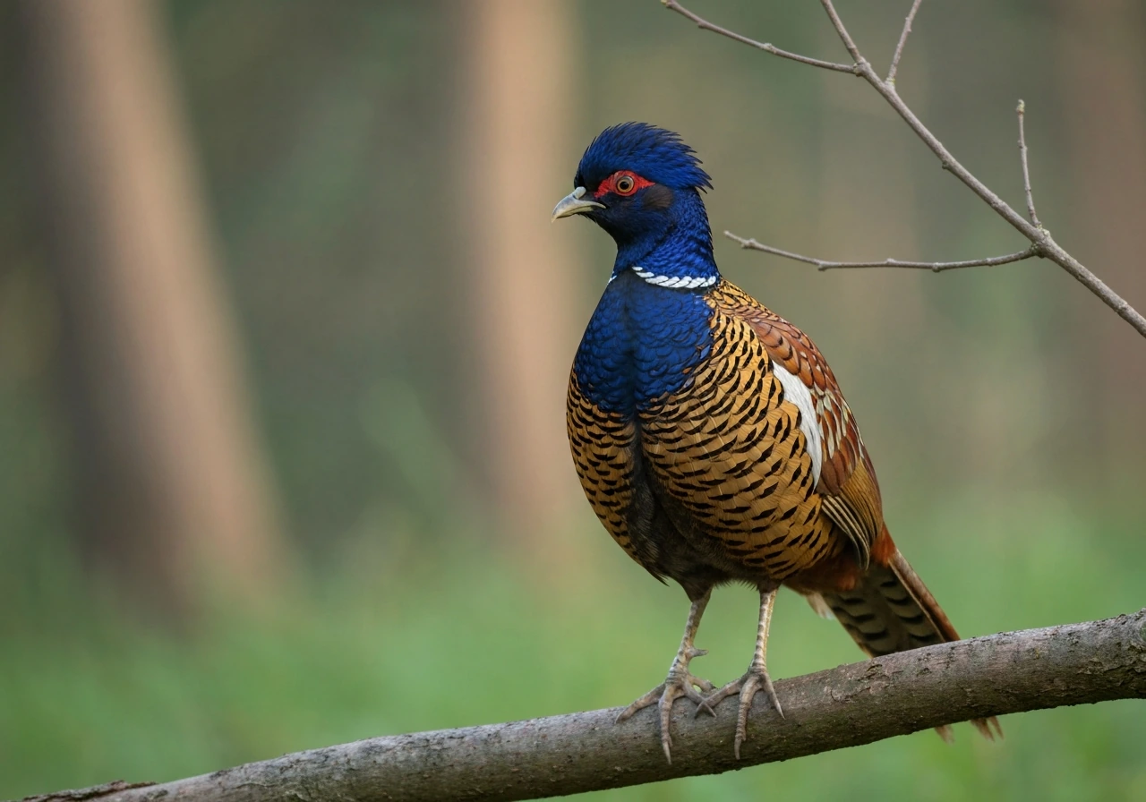Kalij pheasant perched on a branch in soft morning forest light, photographed closely with minimal background.
