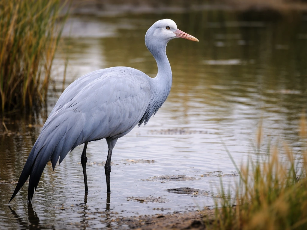 Blue crane in a South African wetland, pale blue-gray plumage and long trailing wing feathers