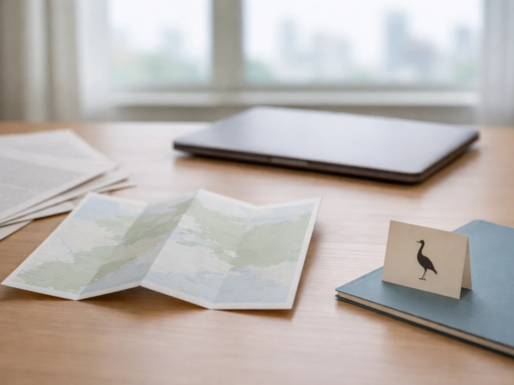 Minimal photo of a desk with a blank map and a small crane-themed silhouette card, evoking South Africa range.