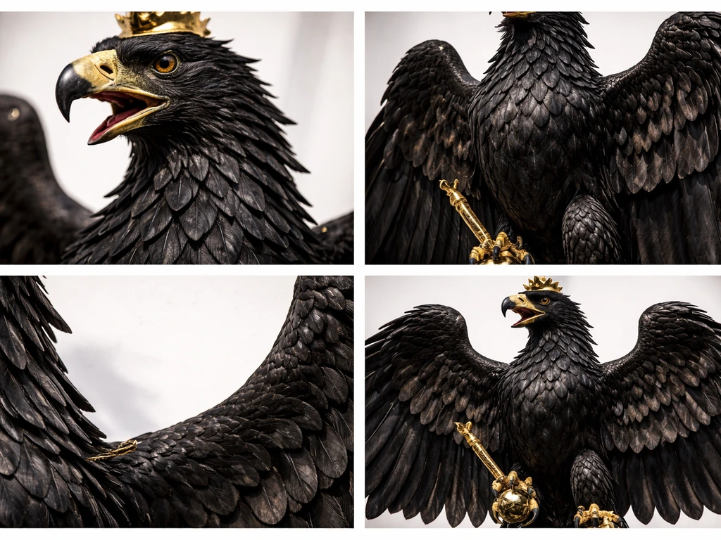 Minimal collage of close-up crops showing a single-head black eagle on a white field