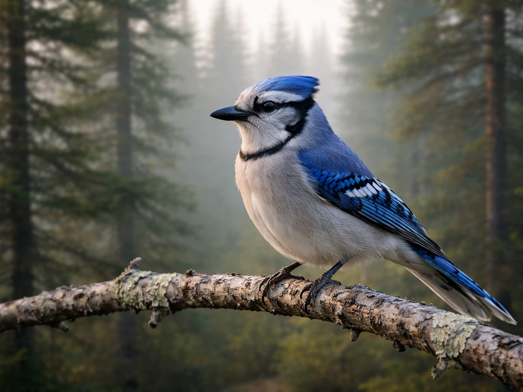 Blue jay perched on a branch with a misty Canadian boreal forest background behind it.