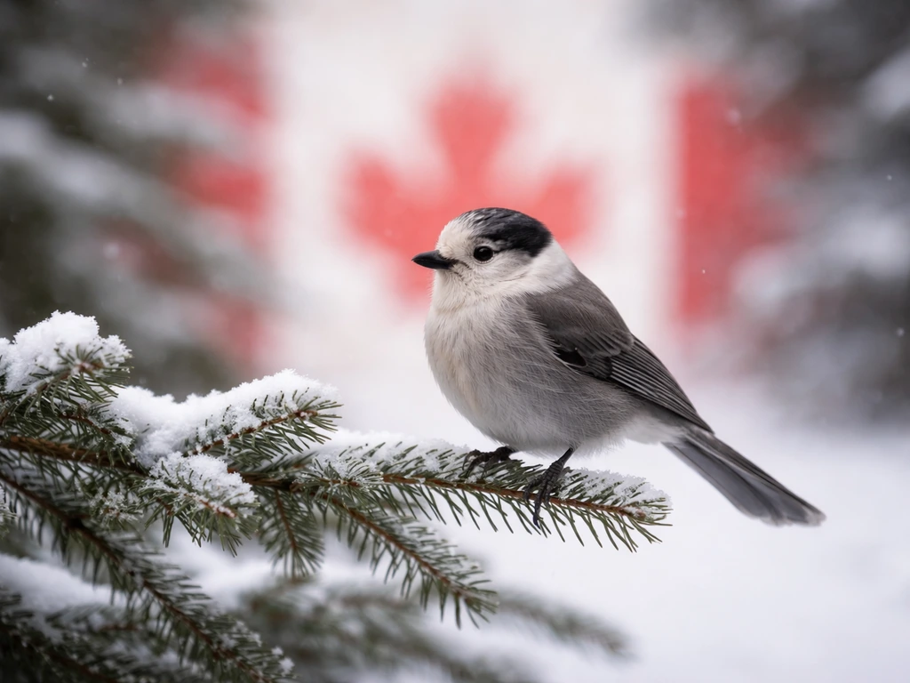 Gray jay perched on a snowy branch with two subtle Canadian flags in the background, no national bird implied.