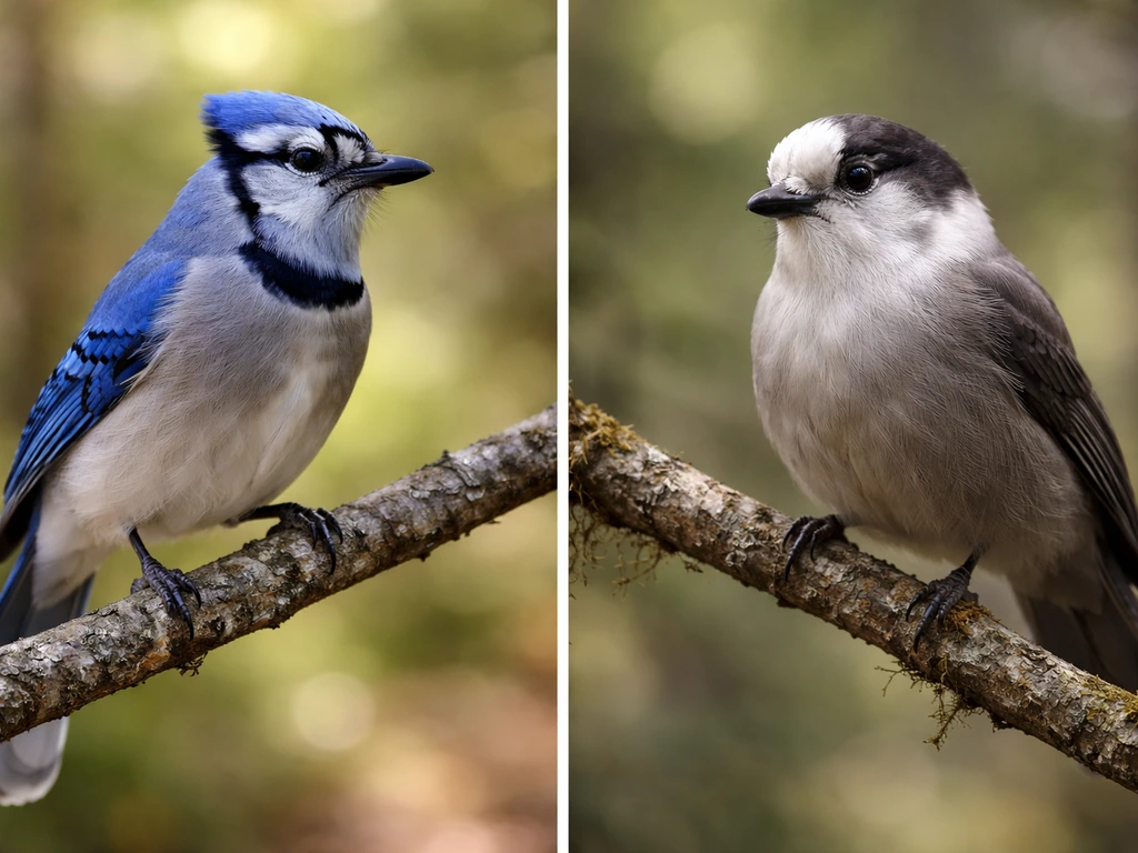 Photo montage of a blue jay and a gray jay perched side by side against simple backgrounds.