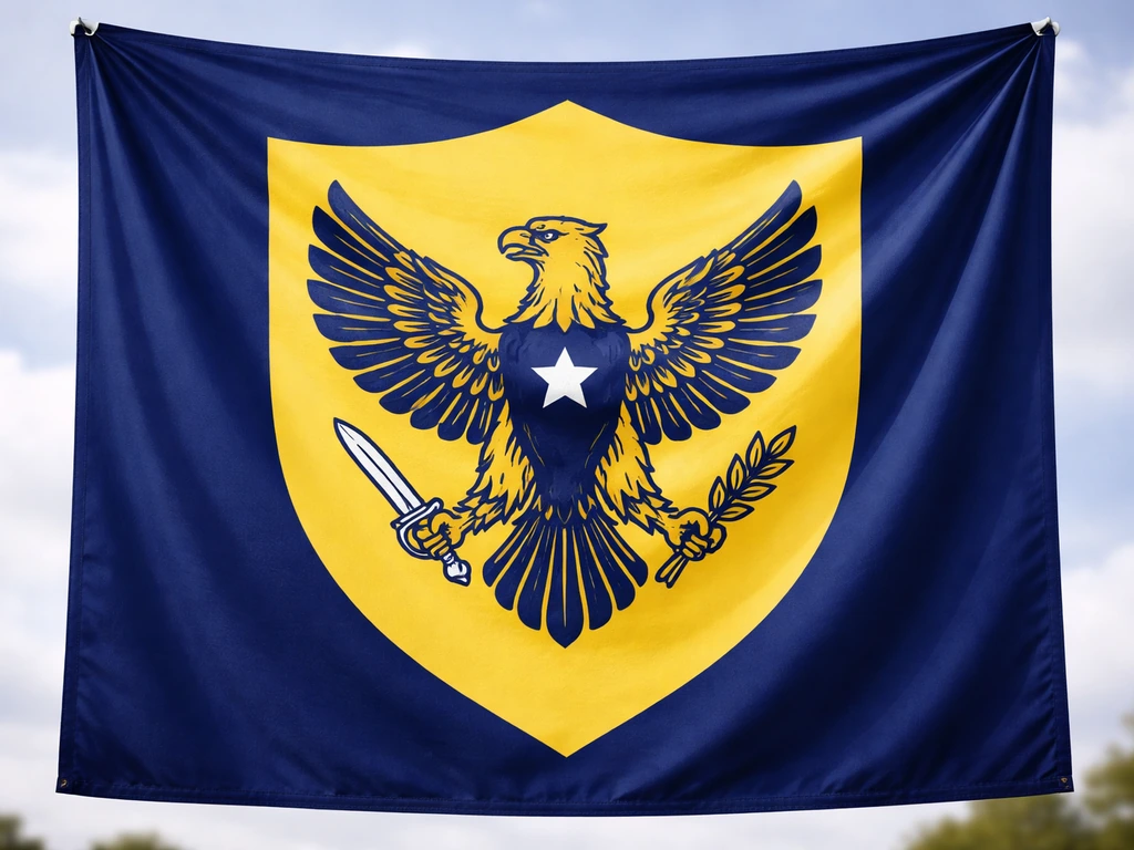 Close-up of a flag with a centered bird emblem, crisp colors and sharp fabric texture