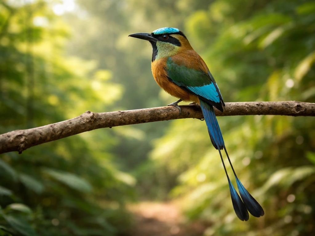 A turquoise-browed motmot (Guardabarranco) perched in a lush Nicaraguan landscape with long tail streamers.
