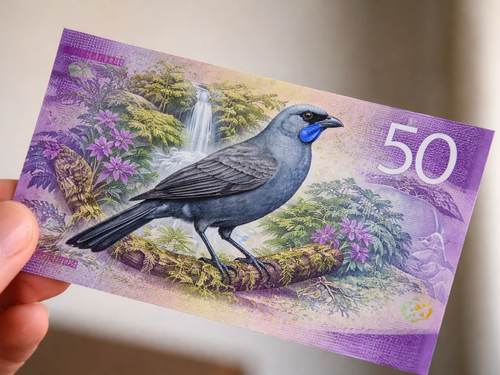 Close-up of a New Zealand $50 note showing the kōkako bird design, held against a plain background.