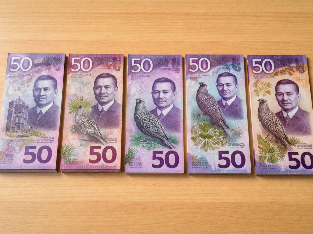 New Zealand $50 banknotes from different series laid side-by-side on a light wooden surface for comparison.