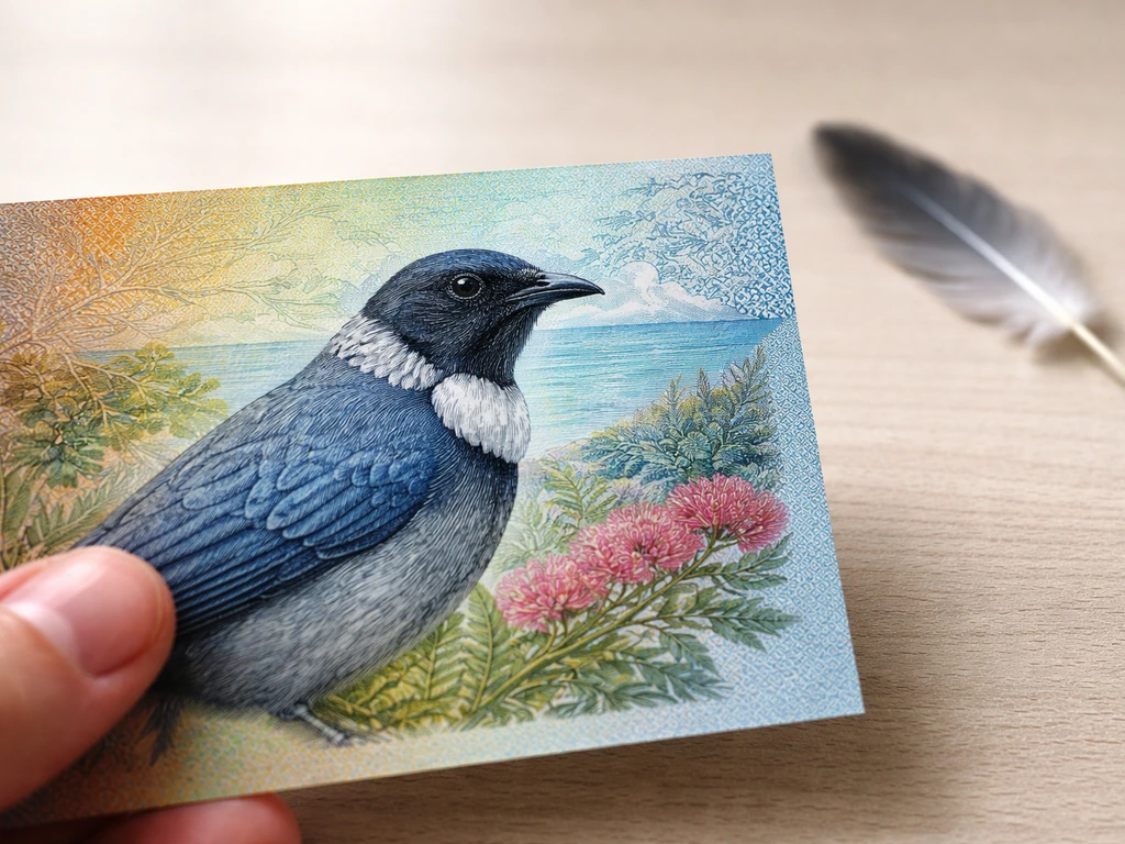 Close-up of a $50 note back showing the kōkako bird’s bluish-grey body and black face mask pattern.