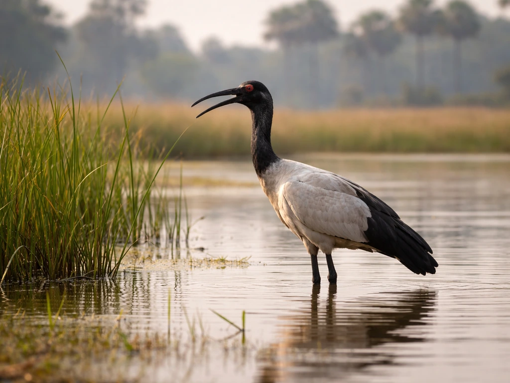 Giant Ibis wading in a Cambodian wetland with reeds and soft morning light.