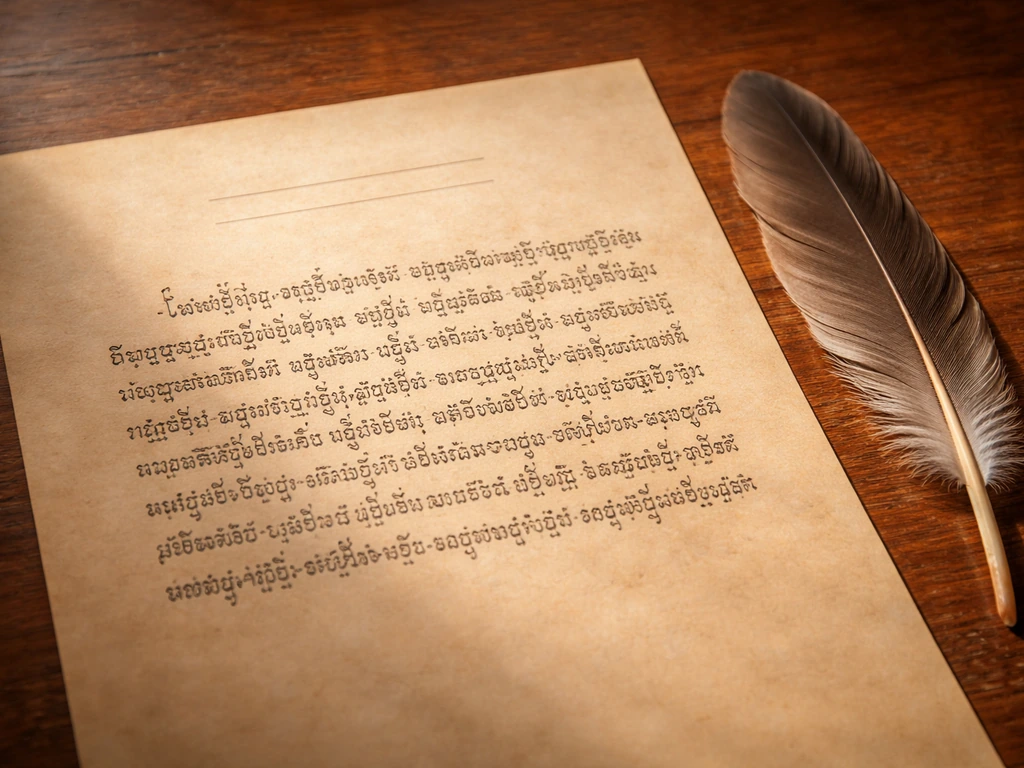 Close-up of Khmer text on an aged document about the Giant Ibis, with a simple feather silhouette beside it.