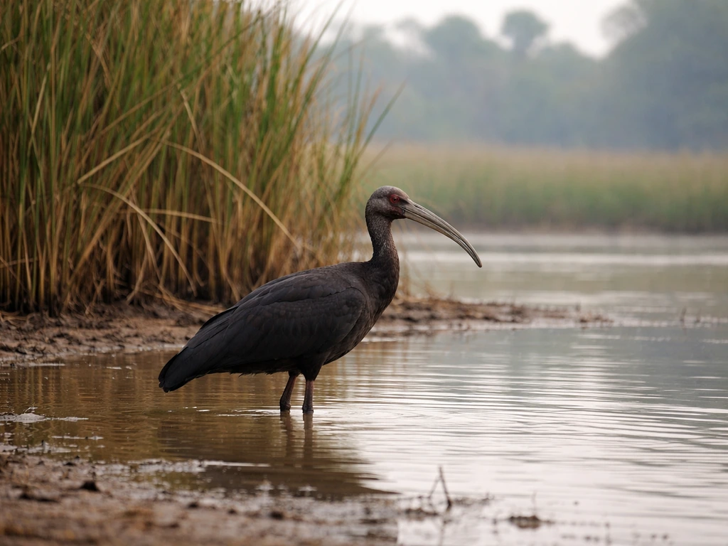 A dark Giant Ibis wading in a Cambodian wetland with tall reeds and shallow water