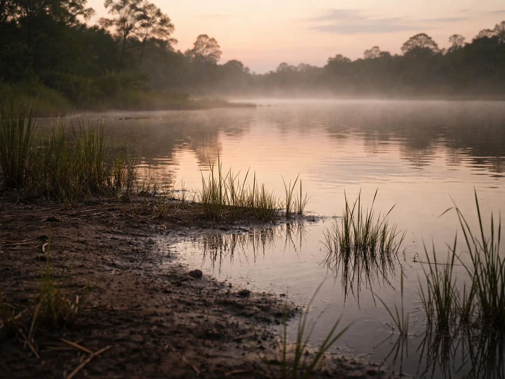 Misty dawn riverbank with reeds and shallow water in Cambodia, suggesting a place birds forage.