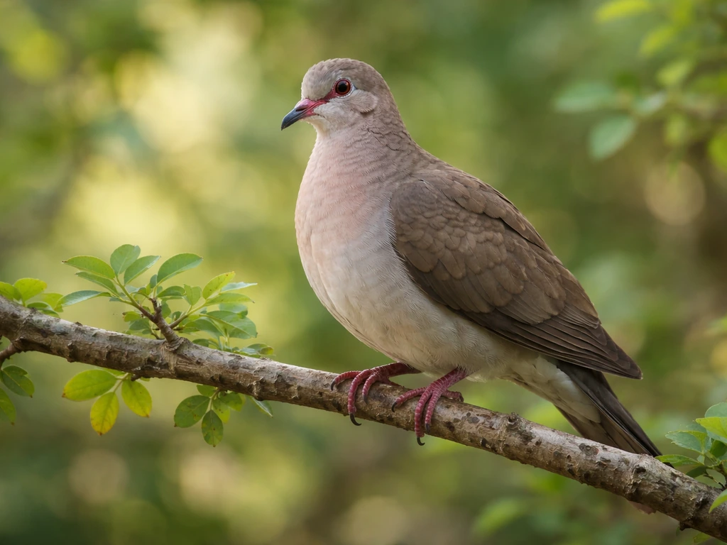 Grenada dove perched on a branch with blurred tropical greenery in the background.