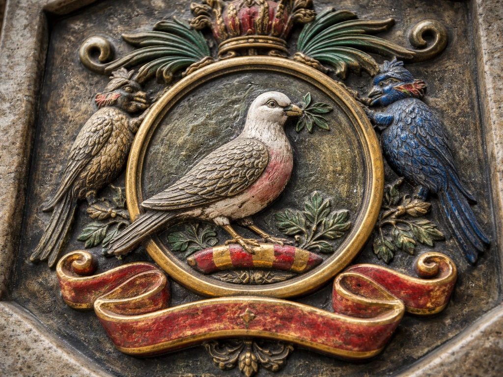 Close-up of Grenada’s coat of arms plaque showing the dove as a crest supporter.