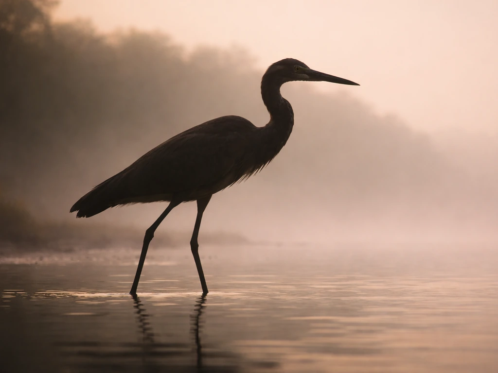 Tall long-legged dark wading bird profile in shallow water, shot to suggest enormous size.