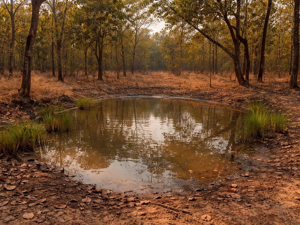 Shallow seasonal pool in dry forest with reeds and muddy edges in northern Cambodia.