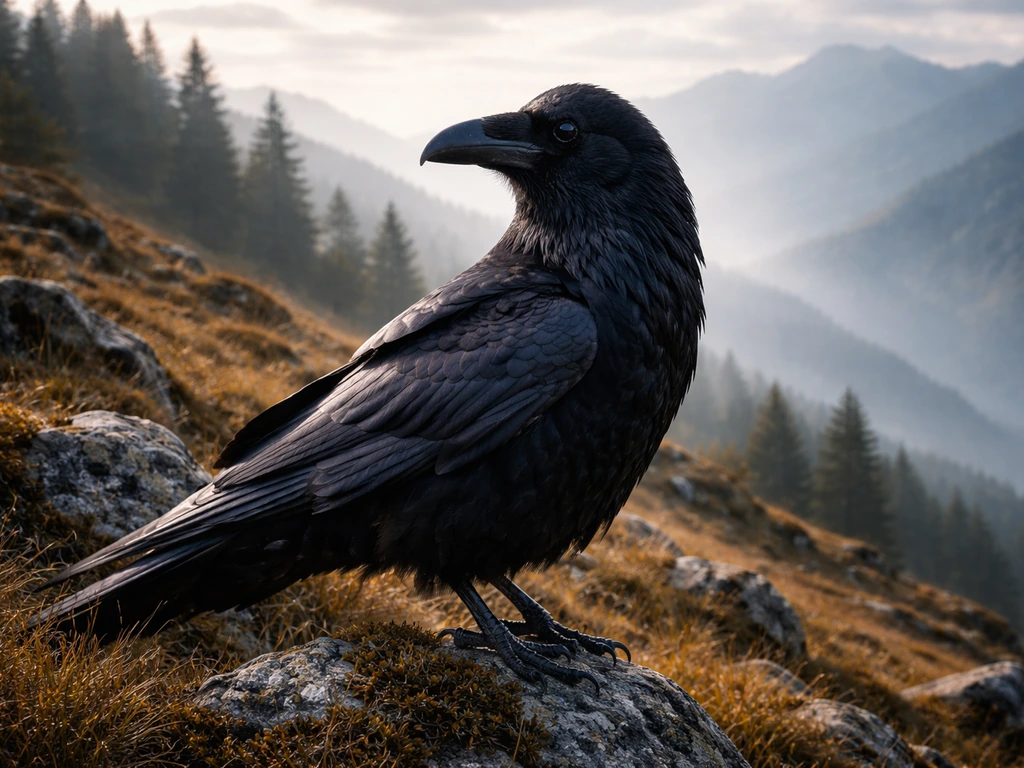 A Tibetan raven perched on a Bhutanese mountain slope with dark feathers and misty highland landscape.