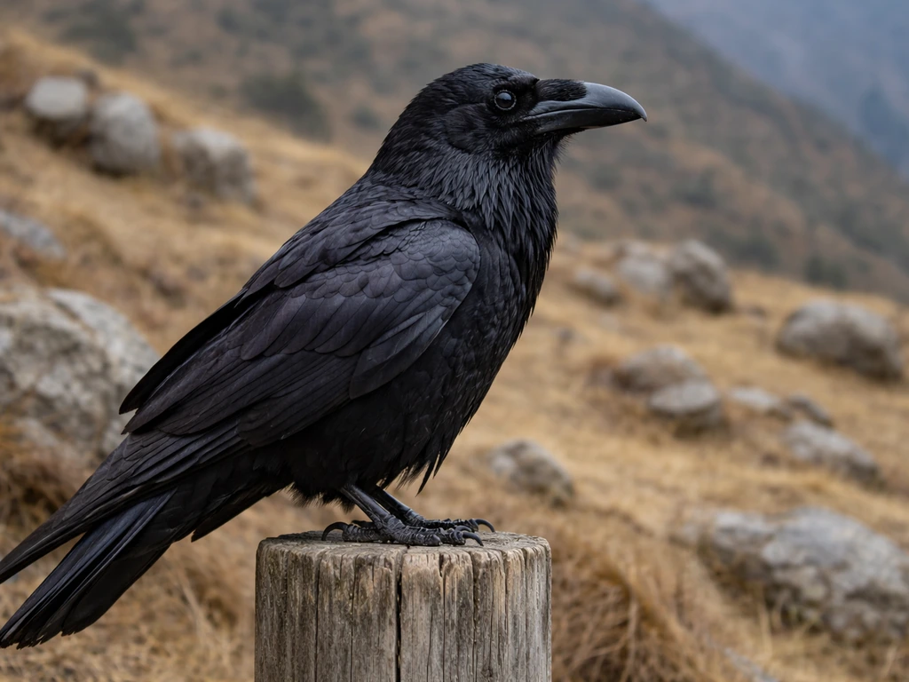 Close-up of a Tibetan raven perched outdoors, showing dark feathers and sharp eye in natural light.