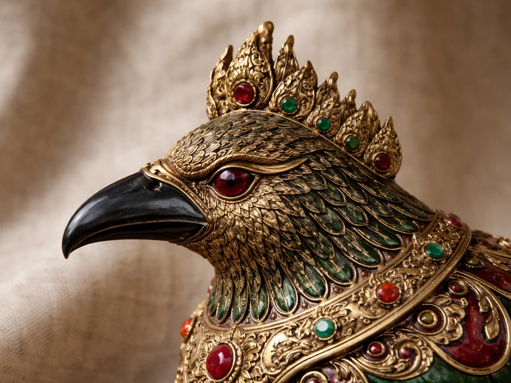 Close-up of an ornate raven-head crown emblem in golden Bhutanese royal regalia details.