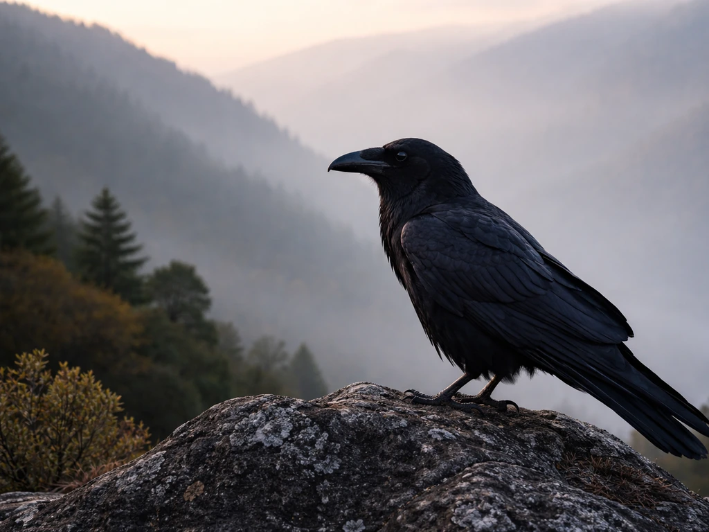 Tibetan raven in Bhutan-like rocky landscape, showing large all-black body and stout beak in profile.