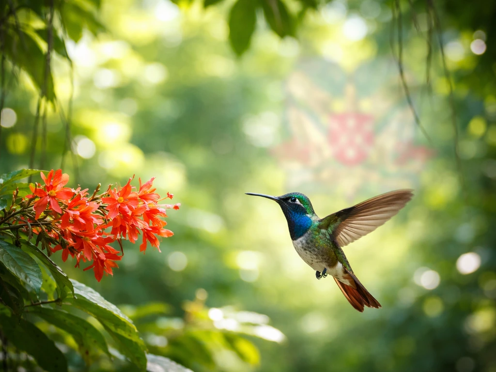 Colorful hummingbird hovering in a Trinidad rainforest canopy with a subtle, blurred coat-of-arms cue in back.