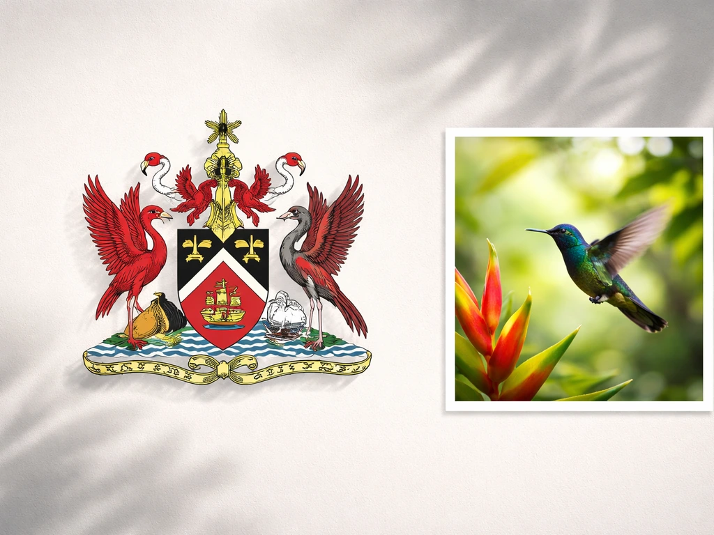 Trinidad and Tobago coat of arms with a small inset of a hummingbird near tropical leaves.