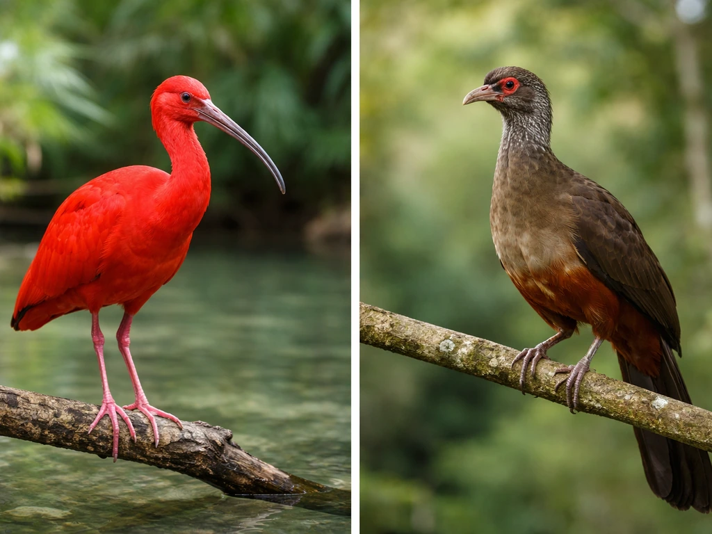 Side-by-side photos of a scarlet ibis and a cocrico bird perched on branches in natural settings.