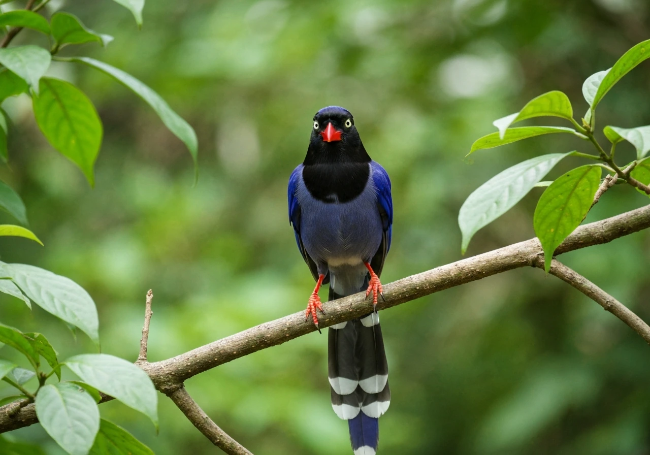 Formosan blue magpie perched on a branch in Taiwan’s forest, showing vivid blue feathers.