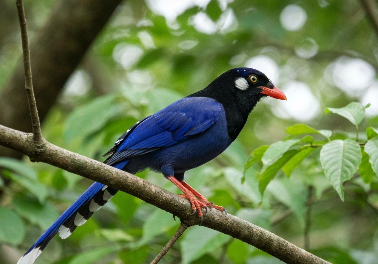 Taiwan Blue Magpie perched on a branch with rich blue plumage, long tail, and face markings