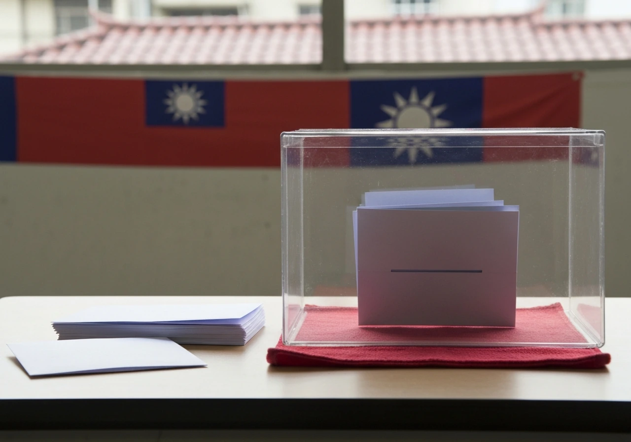 Close-up of an open ballot box with folded ballots and envelopes on a simple Taiwan-themed tabletop.