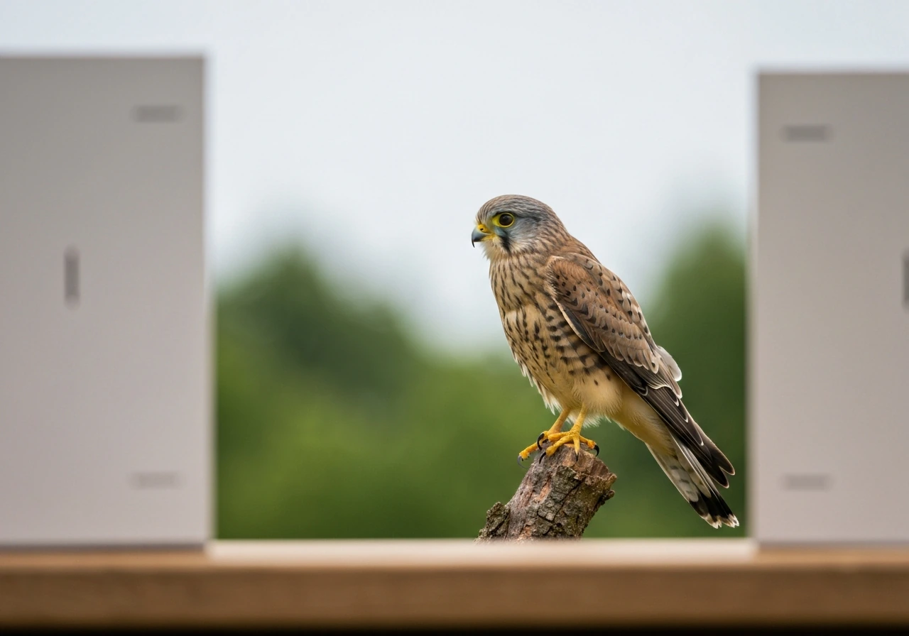 A sharp close-up of a kestrel perched on a branch, with subtle name-variant cues via natural styling