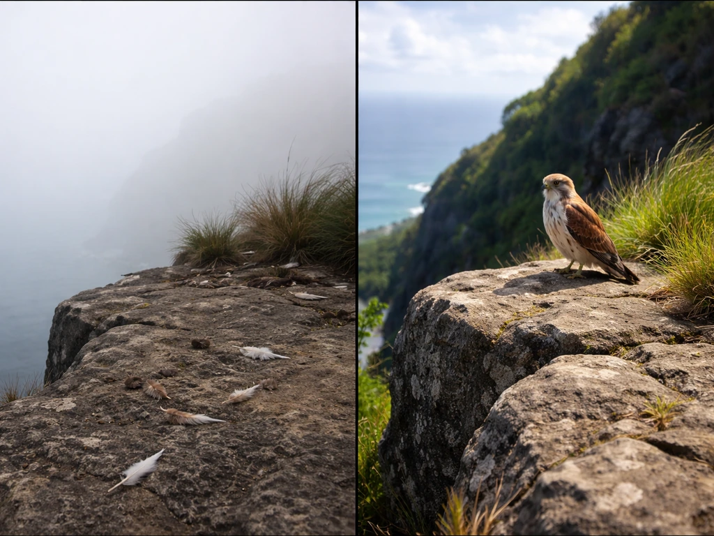 Split-scene of a rocky island: sparse feathers on one side, a perched kestrel on the other.