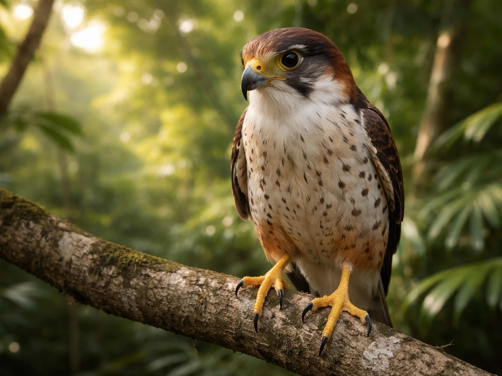 Close-up of a Mauritius kestrel perched on a branch with tropical foliage in soft focus
