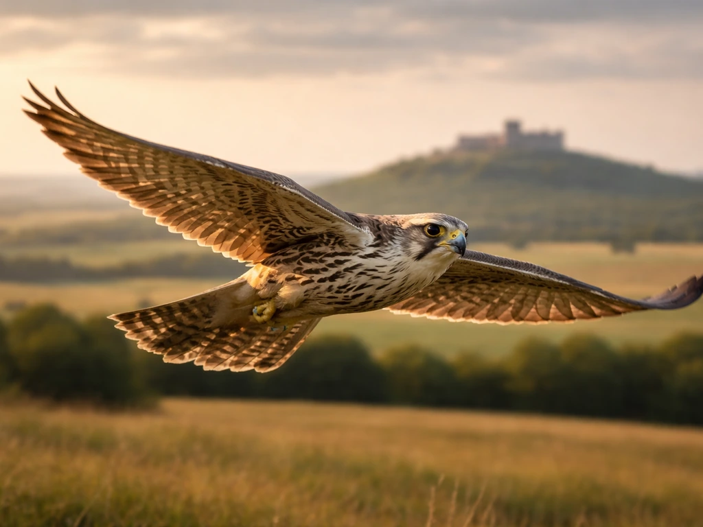 A saker falcon silhouetted over a Hungarian countryside landscape at golden hour, symbolizing national identity.