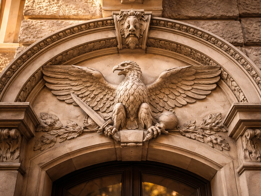 Close-up of a carved Turul bird relief on a Budapest building facade in natural light.