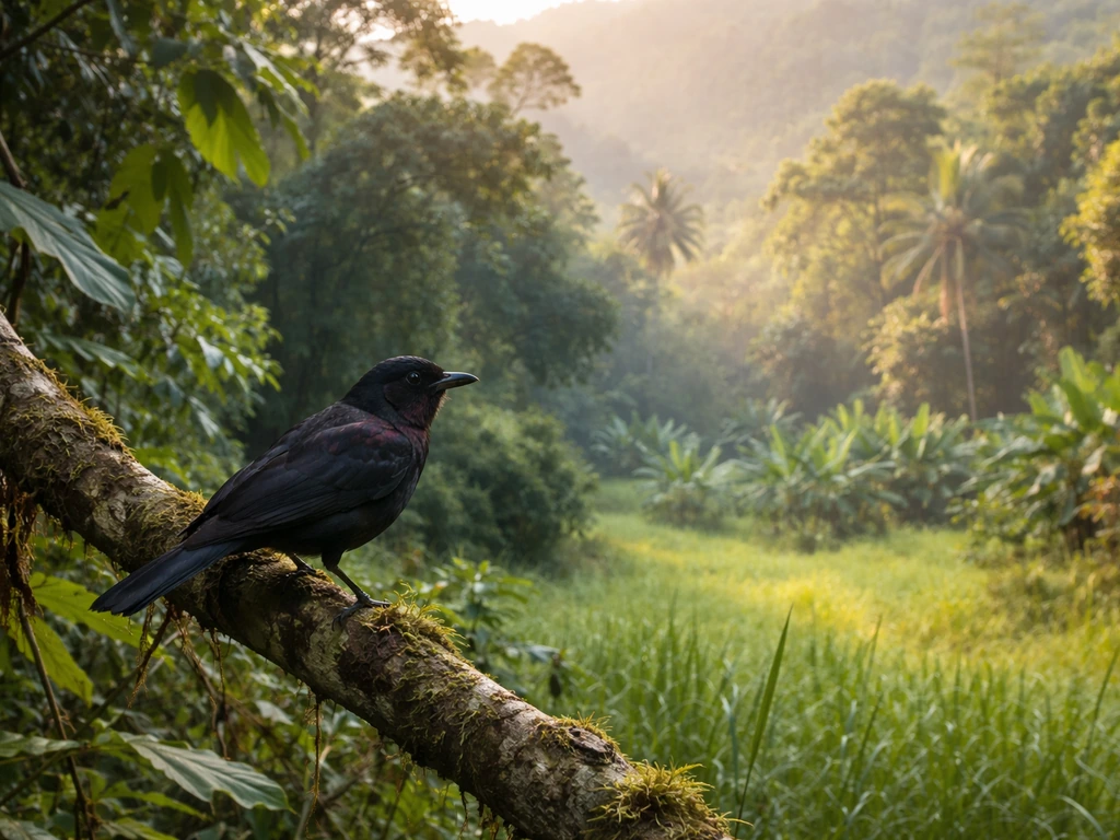 Reina mora perched on a branch at a forest-edge plantation clearing in Puerto Rico rainforest-like light.