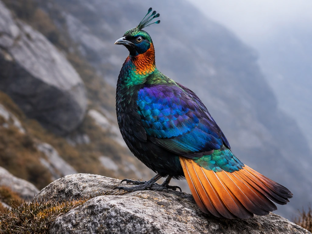 Male Himalayan monal pheasant perched on a rocky ledge in the Himalayas, showing vivid crest and tail.