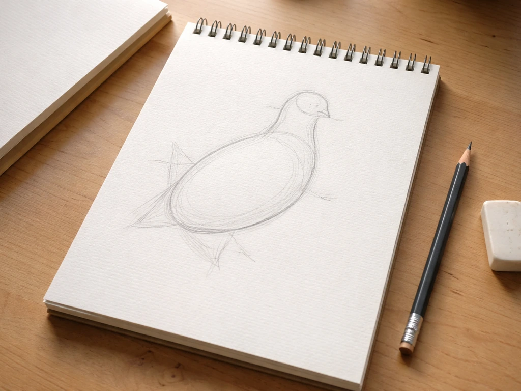 Overhead photo of a sketch page with a large tilted oval body and simple guide marks for wings and tail.
