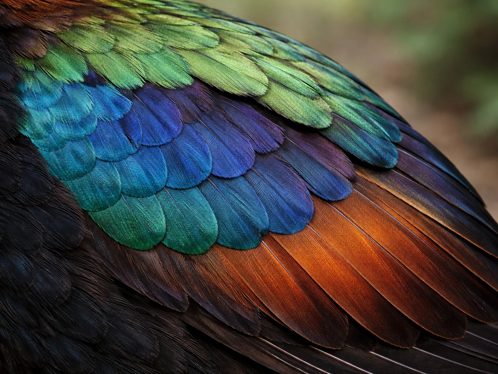 Close-up of a monal pheasant’s folded wing showing three overlapping feather layers