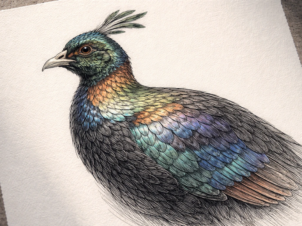 Close-up of a completed pencil-and-ink drawing of a Himalayan monal with consistent left light shading