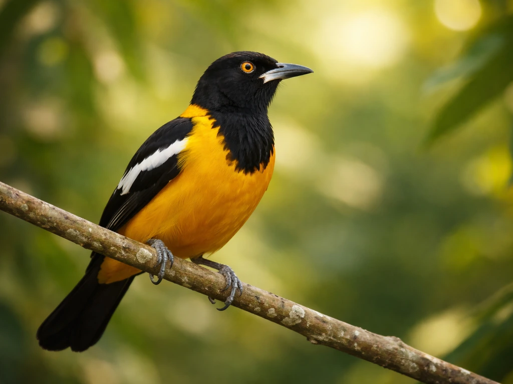 Close-up of a Venezuelan turpial perched on a branch with vivid yellow-and-black plumage.