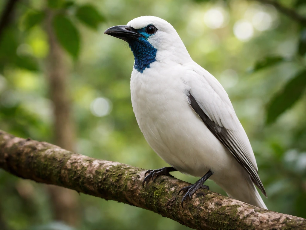 Male bare-throated bellbird perched on a branch in a green forest with mostly white plumage.