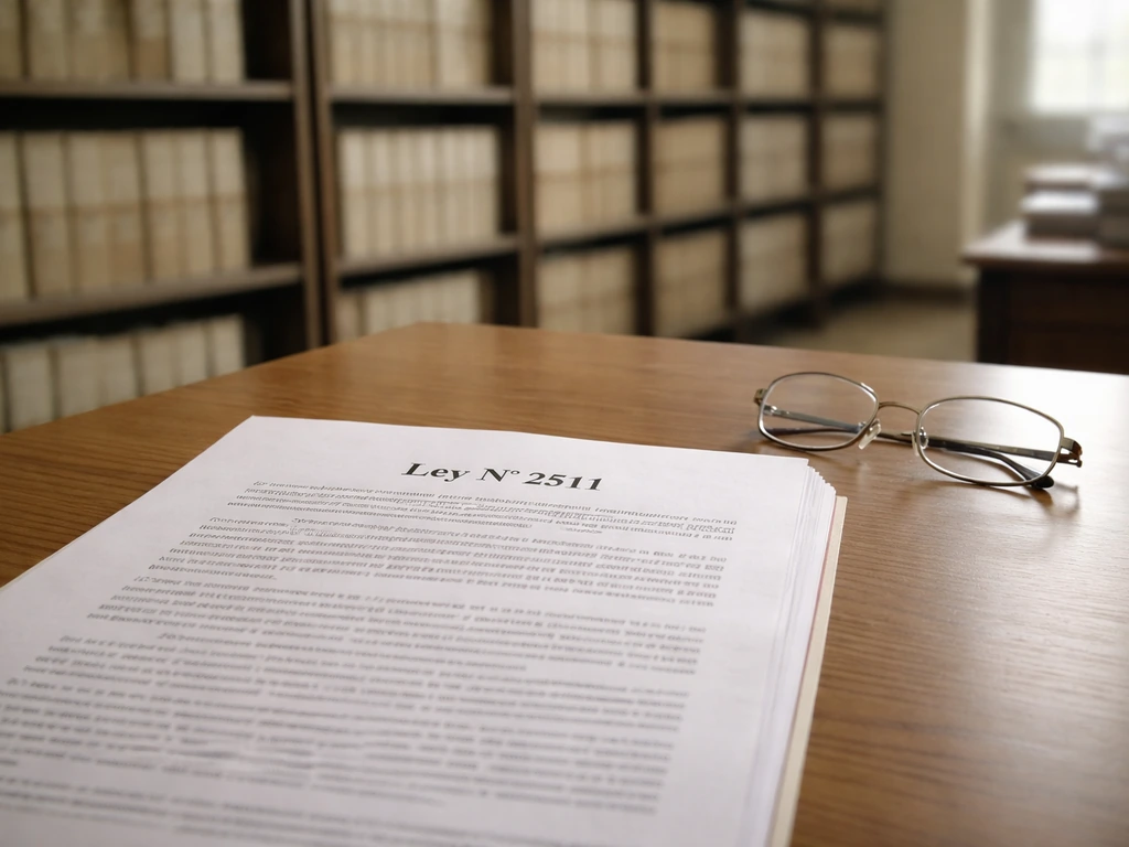 Open legal document labeled Law No. 2511 on a simple archive desk with reading glasses.