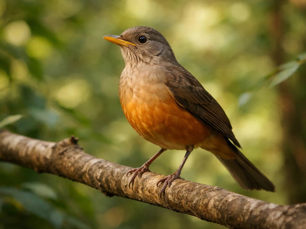 A Sabiá-laranjeira bird perched on a branch in soft green woodland under natural light.