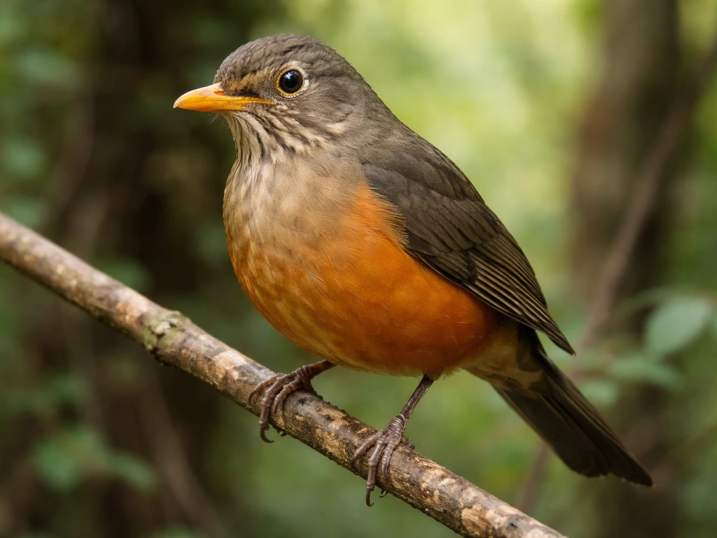 Close-up of a Sabiá-laranjeira thrush perched, showing orange-rufous belly, olive-brown back, and yellow-orange beak.